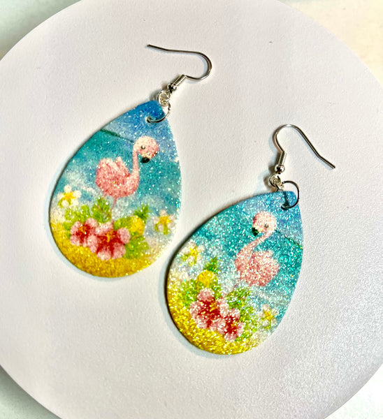 Glitter Earrings, Flamingo Earrings, Teardrop Earrings, Water Drop Earrings, Tropical Jewelry