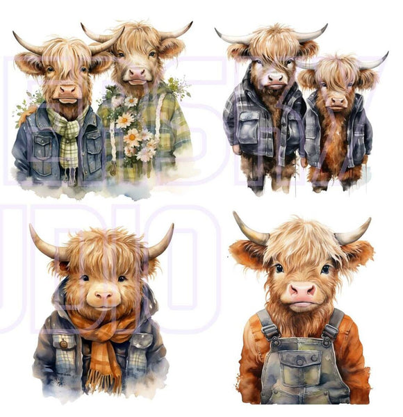 Highland Cow Clipart, 20 PNG Cows, Watercolor Cows, Commercial Use, Cow Clip Art, Highland Cow Digital, Clipart Download, Whimsical Cow PNG