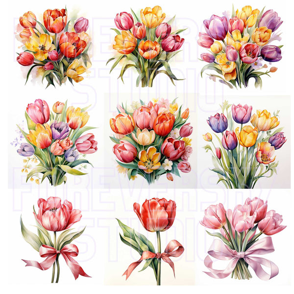 Watercolor Tulips Digital Clipart, Commercial Use, 28 Tulip Clip Art, Floral Download, Floral Clip Art, Transparent Background PNG Flowers