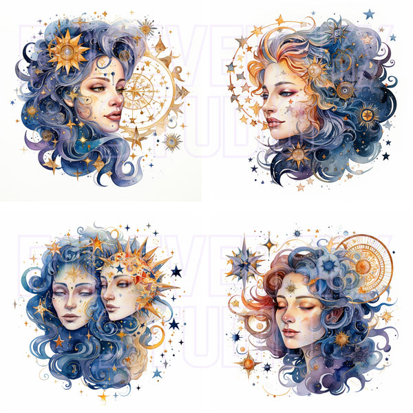 Celestial Faces, Women's Face, Blue And Gold, Scrapbooking Clipart, Commercial Use, 20 Clip Art Files, Celestial Clip Art, Digital Downloads