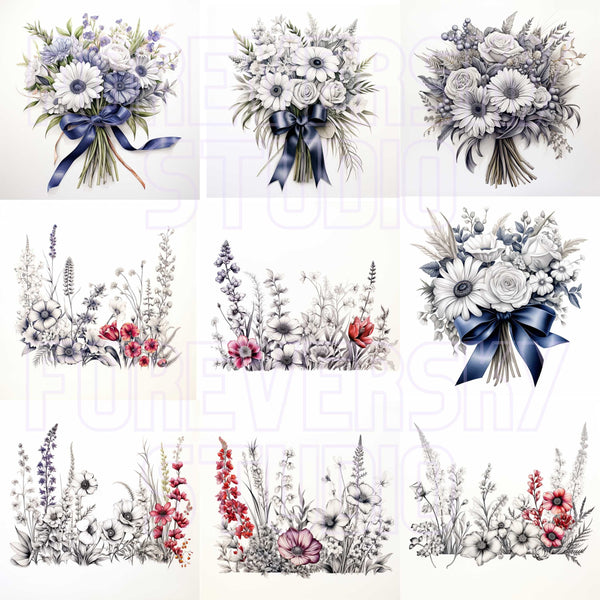 Wildflower Pencil Art, PNG Clip Art, Commercial Use, Flower Line Art, Floral Bouquet, Wildflower Sketch, Scrapbooking PNG, Wildflower Bundle