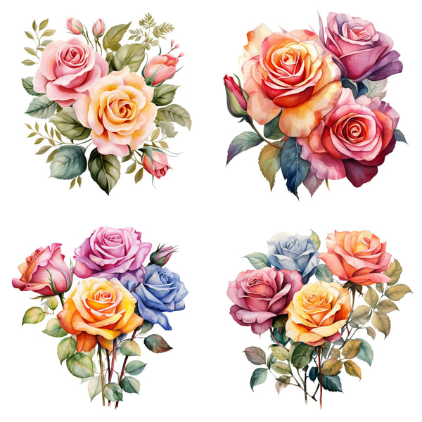 Watercolor Rose Digital Clip Art, Flower Clipart, Commercial Use, Floral Bouquet PNG, Scrapbooking PNG, Roses In Vase, Clipart Rose Flowers