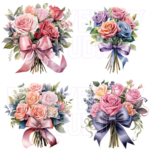 Watercolor Rose Digital Clip Art, Flower Clipart, Commercial Use, Floral Bouquet PNG, Scrapbooking PNG, Roses In Vase, Clipart Rose Flowers