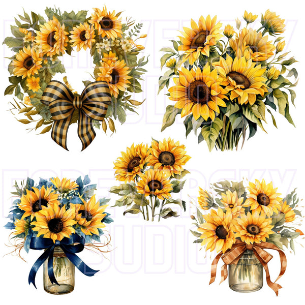 Watercolor Sunflower, 32 Digital Clip Art, Fall Florals, Sunflowers In Jar, Commercial Use, Sunflower Water Can, Sunflower Wreath PNG