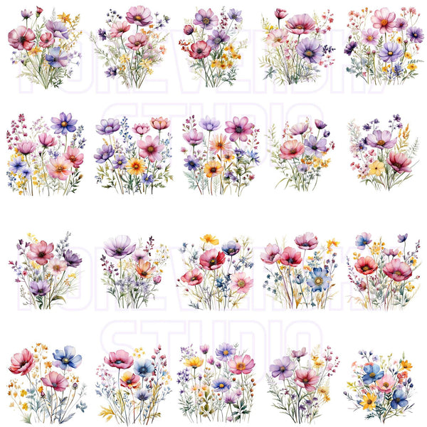 Clipart Flower, Watercolor Flower, Wildflower Clipart, Digital Flowers, Commercial Use, Flower Border, Wildflower Bouquet, Wildflower Bundle