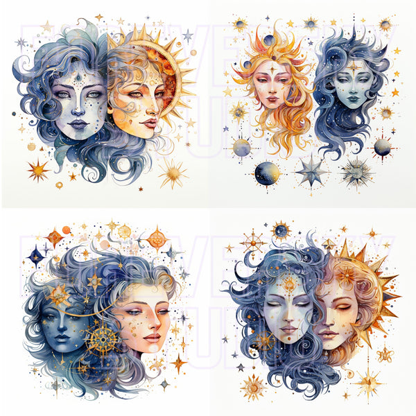 Celestial Faces, Women's Face, Blue And Gold, Scrapbooking Clipart, Commercial Use, 20 Clip Art Files, Celestial Clip Art, Digital Downloads