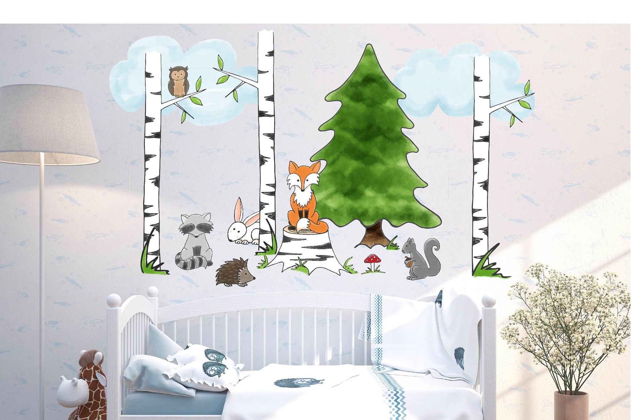 Nursery Forest Animal Fabric Wall Decals, Woodland nursery decor Boy, fox nursery decal, animal nursery decal, animal Baby room wall decor