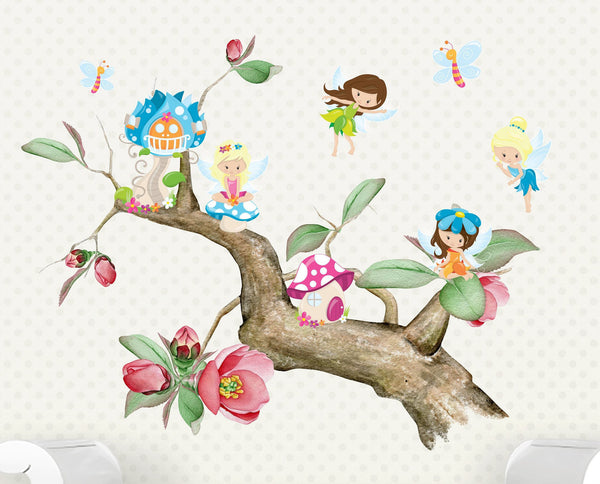 Nursery Fairies Branch Reusable Fabric Wall Decal Sticker - Forever Sky Studio