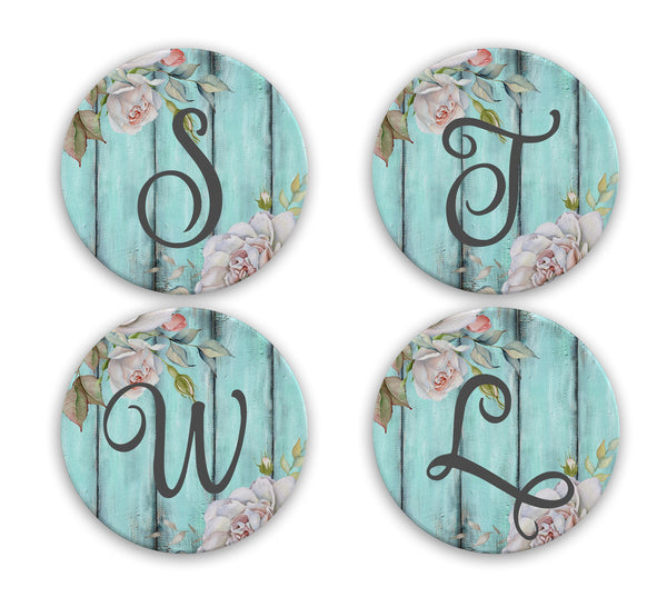 Monogram Rustic Coasters For Table Top Protection, cork backing, floral wood, personalized wedding gift, custom birthday gift, coaster set