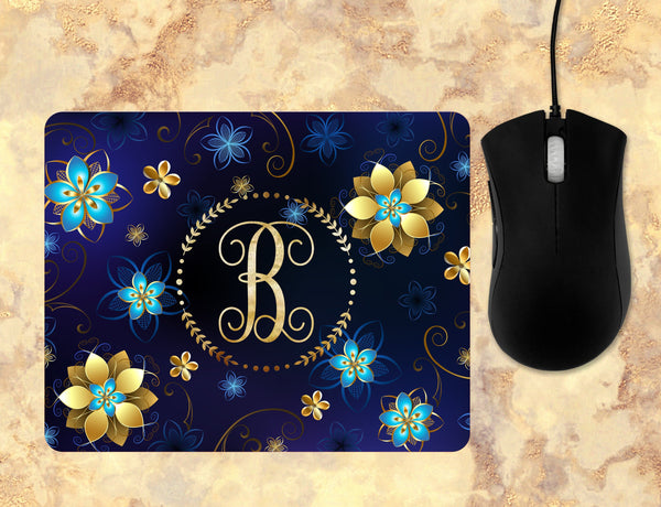 Custom Monogrammed Mouse Pad, gold floral mouse pad, personalized gift, desk accessory, home office, initial mouse pad, letter monogram