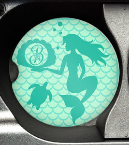 Mermaid Monogram Car Coaster For Cup Holder, Car Accessories, Coastal Drink Coaster, Sea Turtle car coasters, tropical vehicle coasters