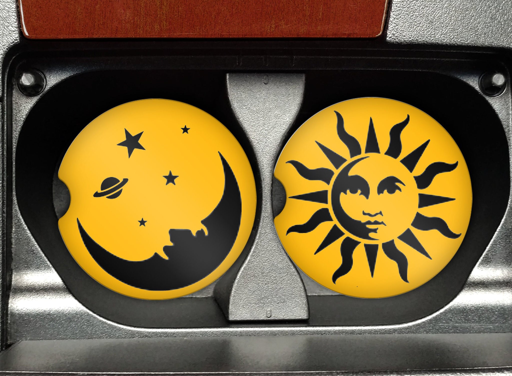 Sun and Moon Car Coasters For Cup Holder, Car Accessories, Celestial Coasters, Moon and Stars Drink Coasters, Sandstone Car Coaster