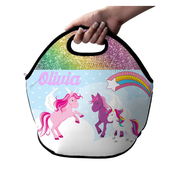 Unicorn Lunch Bag, Girls Lunch Box, Personalized Tote, Rainbow Snack Bag, Double Sided