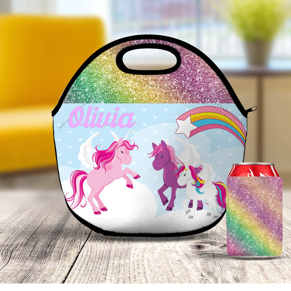 Unicorn Lunch Bag, Girls Lunch Box, Personalized Tote, Rainbow Snack Bag, Double Sided
