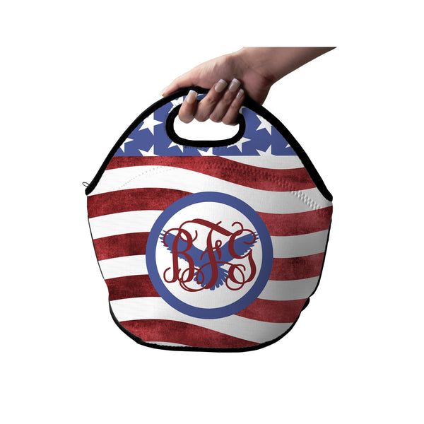 Monogram Lunch Bag, Custom Lunch Box, Red White Blue Tote, Back to School, Double Sided Lunch bag