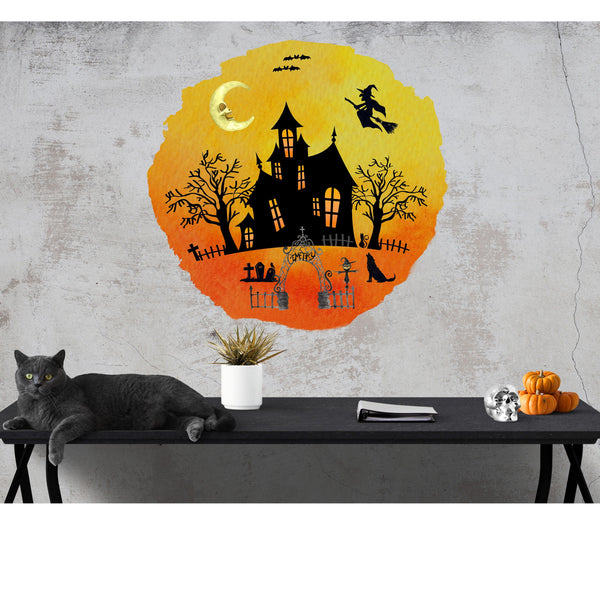 Halloween Wall Decal, Haunted House Scene, Spooky Wall Decals, Halloween Decor, Halloween Door Decal, Removable Wall Decal, Reusable Decals