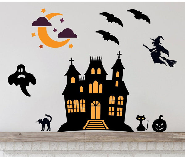 Wall Decals, Halloween Decor, Haunted House Decal, Removable Wall Decal, Reusable Wall Decals, Wall Stickers, Halloween Decals, Witch Decal