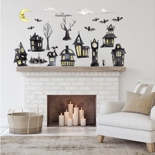 Halloween Wall Decal, Halloween Decor, Large Wall Stickers, Spooky Wall Decor, Haunted Village, Removable Stickers, Reusable Wall Decals