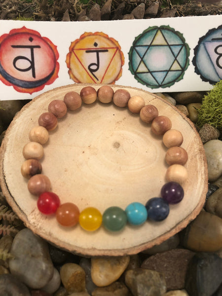 Chakra Bracelet, Healing Jewelry, Cedar Jewelry, Wood Bead Chakra, Chakra Gemstones