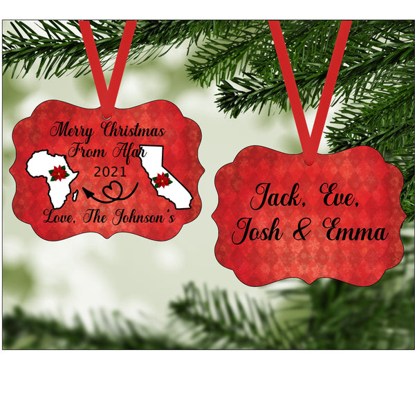 Merry Christmas From Afar, Long Distance Christmas Ornaments, Personalized State Ornaments, State to State Tree Ornament, Deployment Gift