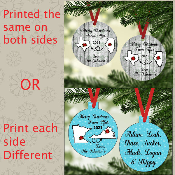 Long Distance Christmas Ornaments, Personalized Gift, State Ornaments, Family Ornament, Couples Ornament, Deployment Gift, Friends Gift