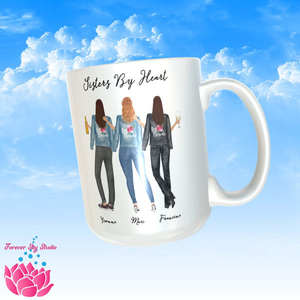 Best friends mug, personalized to resemble you and your besties. 11oz & 15oz. Customize with names and quote.