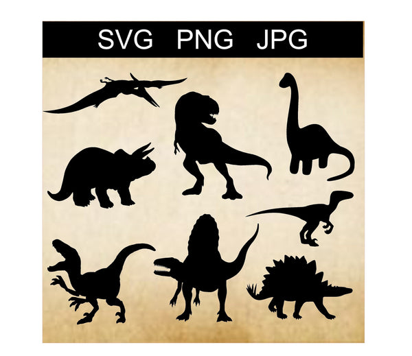 8 SVG Dinosaurs, Hand drawn Dinosaurs, Dinosaur Bundle, T-Rex Digital Dino, PNG Dino Clip Art