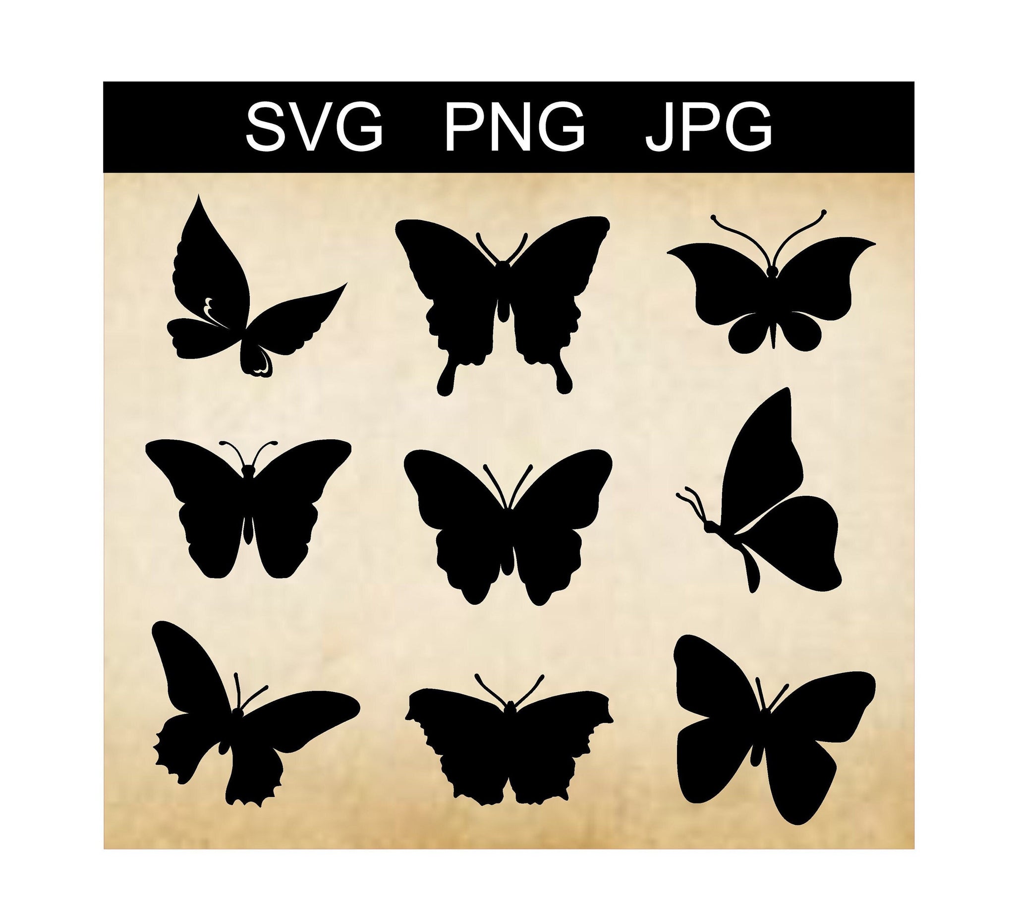 9 SVG Butterflies, Hand drawn Butterfly, Butterfly Bundle, Digital Butterflies, PNG Clip Art