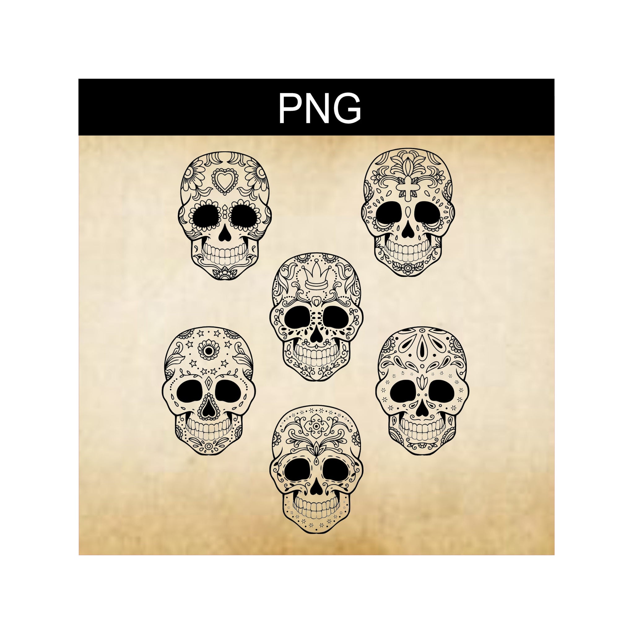 Sugar Skull Bundle, PNG Sugar Skull Files, Digital Clip Art, Digital Skulls, Sublimation