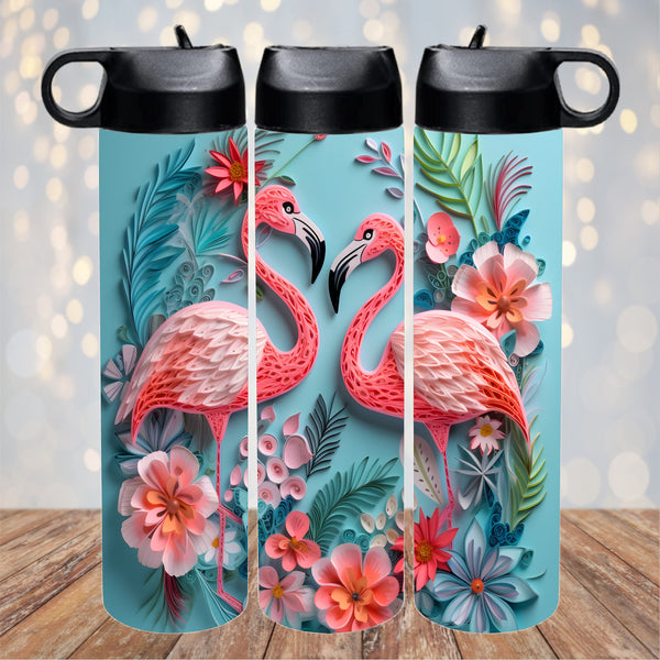 3D Flamingo Tumbler, 24oz Water Bottle, 20oz Skinny Tumbler, Stainless Steel Insulated, Paper quill Flamingo