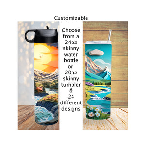 3D Mountain Bottles, Skinny Water Bottle, Skinny Tumblers, River and Mountains, Custom Drinkware