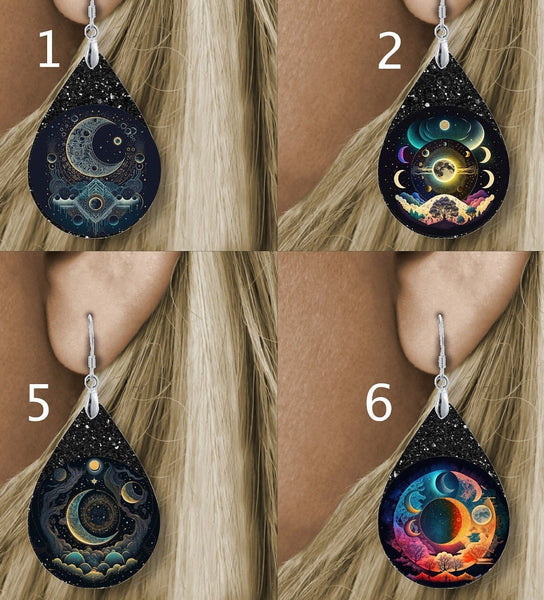 Celestial Earrings, Moon Earrings, Teardrop Earrings, Water Drop Earrings, Double Sided Earring