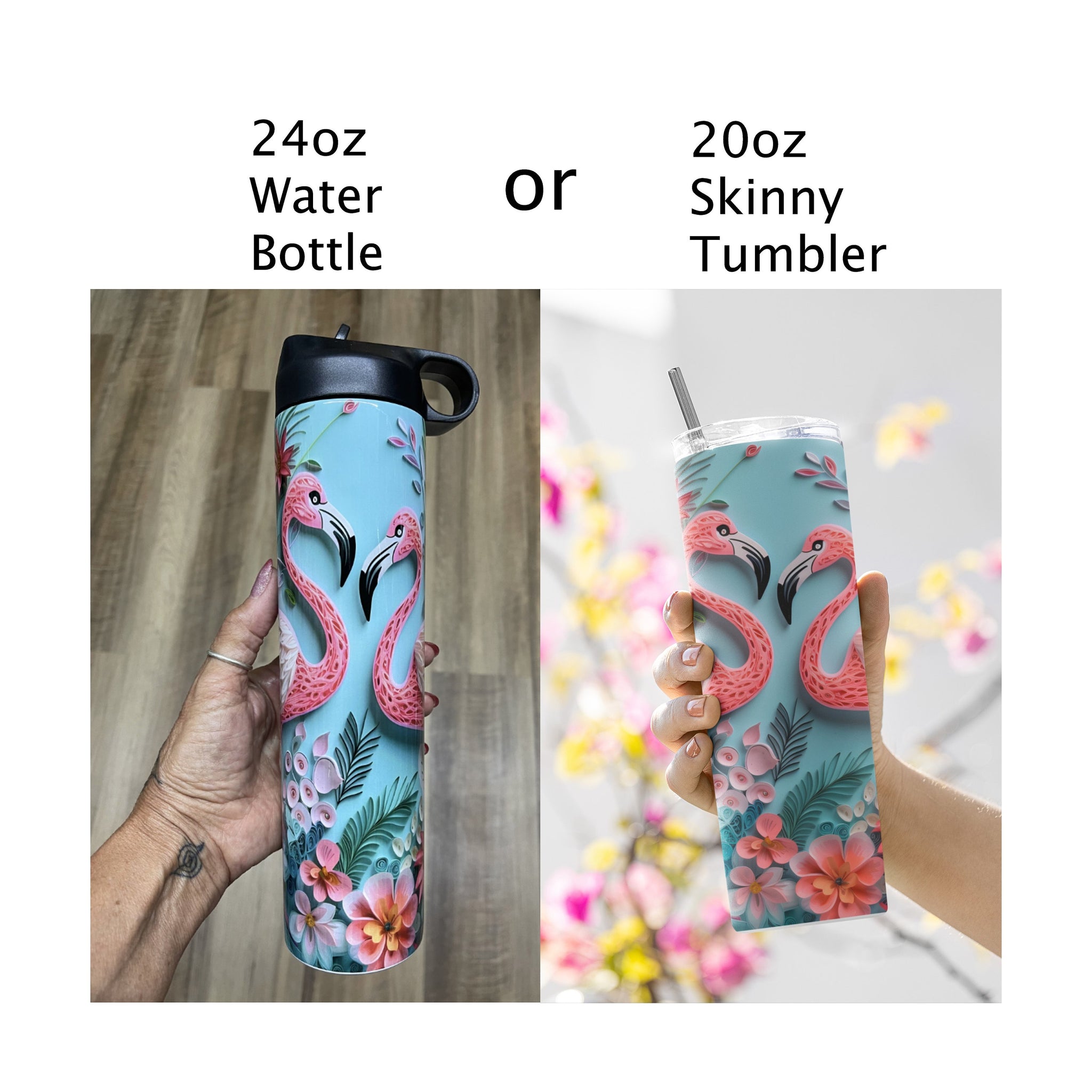 3D Flamingo Tumbler, 24oz Water Bottle, 20oz Skinny Tumbler, Stainless Steel Insulated, Paper quill Flamingo