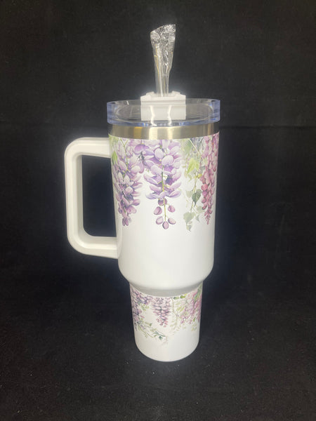 40oz Dupe Tumbler, Quencher Tumbler, Wisteria Floral, Tumbler With Handle, Screw On Straw Lid, H2O Tumblers, Hot Or Cold Drinks, Travel Cups