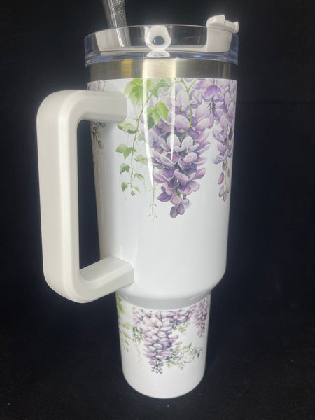 40oz Dupe Tumbler, Quencher Tumbler, Wisteria Floral, Tumbler With Handle, Screw On Straw Lid, H2O Tumblers, Hot Or Cold Drinks, Travel Cups
