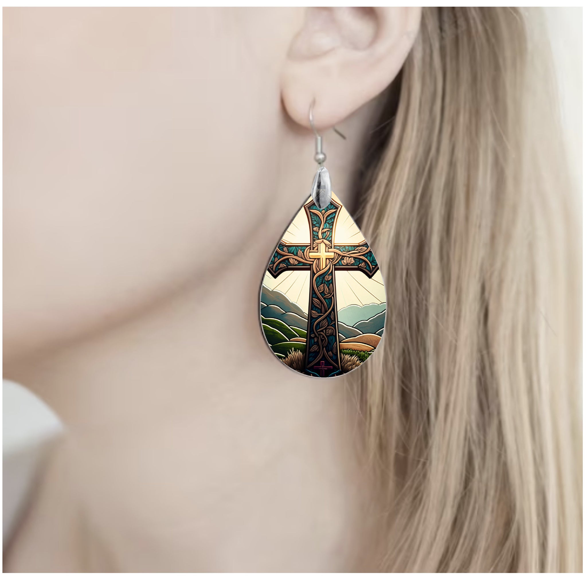 Religious Earrings, Cross Earrings, Easter Earrings, Dangle Earring, Faith Jewelry, Water Drop Earring, Custom Earring, Lightweight Ear Wire