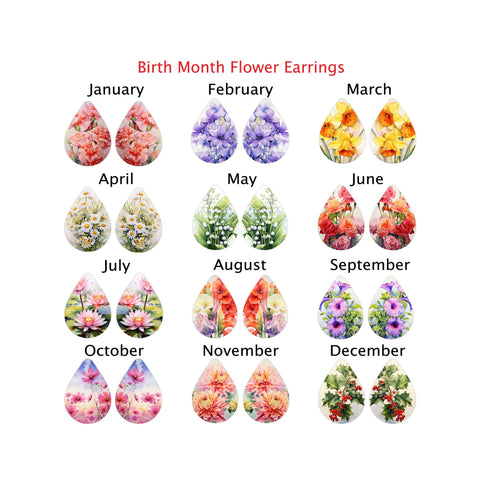 Birth Month Earrings, Flower Earring, Birth Month Jewelry, Teardrop Dangle, Lightweight Earrings, Double Sided Earrings, Birthday Earrings